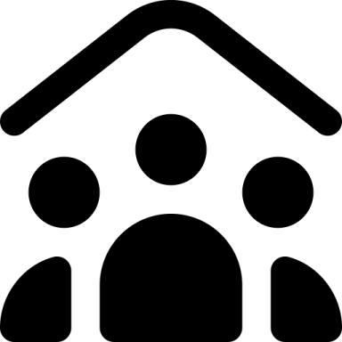 Symbol eines Hauses mit drei stilisierten Personen davor.