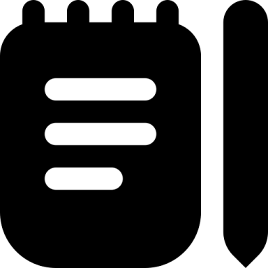 Schwarzes Notizbuchsymbol mit Linien und einem Stift daneben.